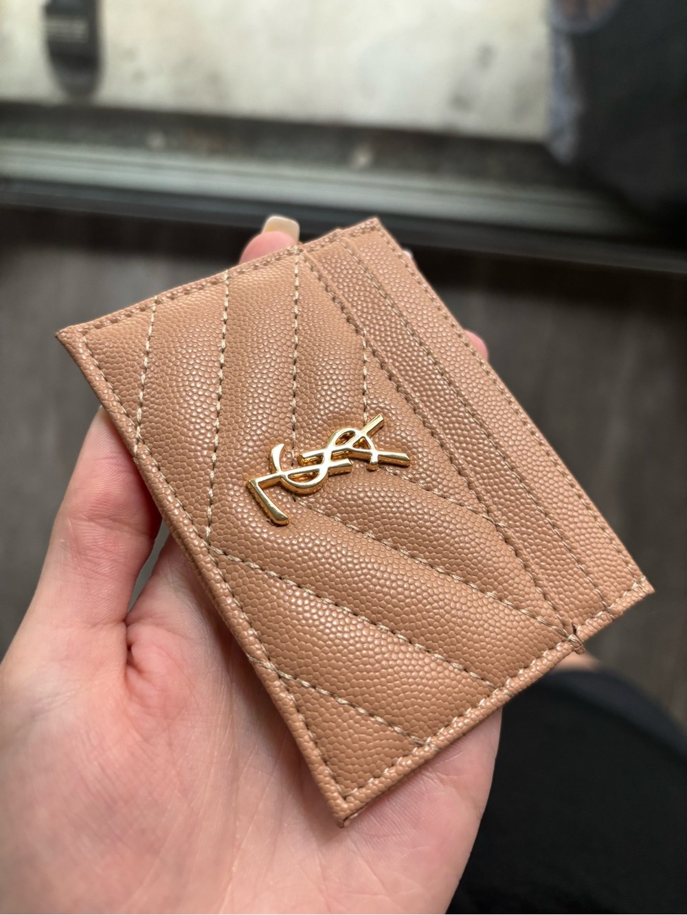 Yves Saint Laurent Tan Quilted Leather Card Holder with Gold YSL Logo